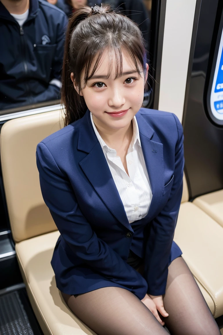 (8K), (highest quality: 1.2), (realistic), (realistic: 1.37), ultra high resolution, 1 girl, cute, smile, closed mouth, beautiful details, beautiful nose, wet hair, giant dulcefo, pork, thighs,Self snap,University Student Uniform,simple blazer,pleated skirt,opaque knee high tights,Sitting on a Tokyo train,cross your legs, From above,thighs,ponytail