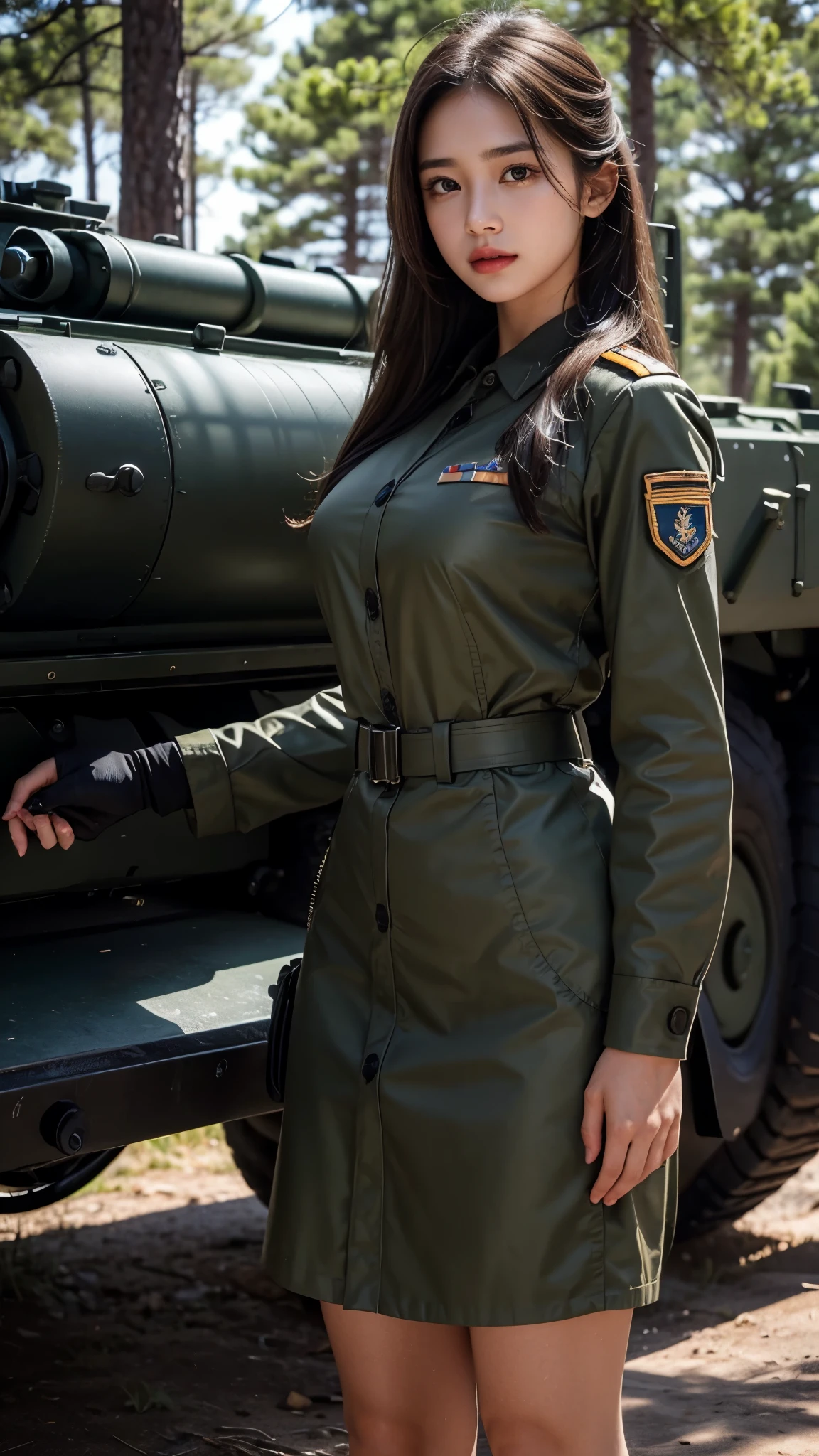 8k, highest quality, ultra detailed:1.37), Eliana, ((18 years)), a beautiful Asian girl, ((proudly stands in a military uniform)), representing her role as a soldier. She wears a fitted olive green dress. The high-resolution image captures ultra-detailed realism, highlighting Eliana's determined expression, piercing eyes, and confident stance. The backdrop showcases an forest, adding to the authenticity and significance of the image. This visually striking representation showcases Eliana's strength and dedication as a soldier, cute knees, Lake, Pine trees, Beautiful Smile 1:2, ((Detailed face)), ((Perfect body figure)), ((Detailed hair)), ((Detailed Dress)), Tanker, Army vehicle, ((S-500 missile launcher)), Missile fired from Launcher, k, Armour vehicles, 