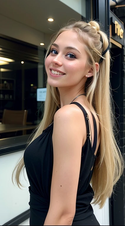 Arafa woman in a black dress standing in front of a restaurant, beautiful and smiling, Portrait of Sophie Mudd, beautiful blonde, with long blonde hair, long blonde hair and big eyes,  19 years old, her hair is long and straight, she is smiling, とてもwith long blonde hair, straight hairstyle, beautiful young model, beautiful blondeの女の子