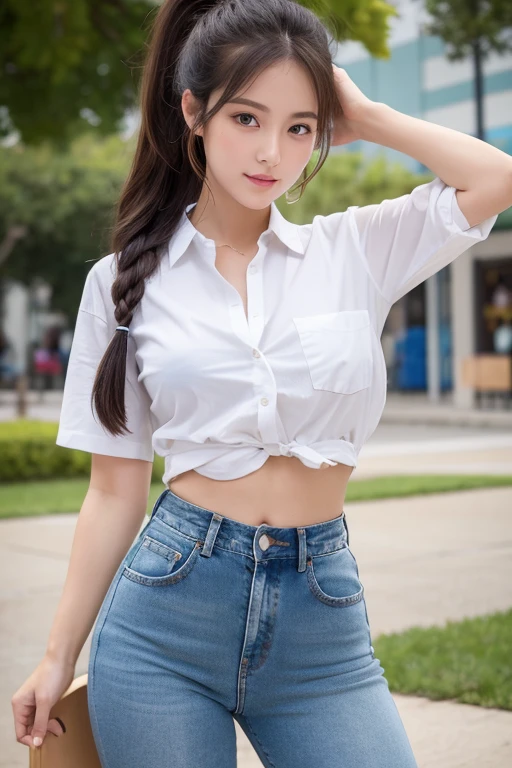 1 very beautiful female college student，Wear a white button-down shirt and very low-rise jeans（detailed outfits:1.5），Super high value，perfect body figure，Beautiful short ponytail，Delicate hair，Fair face and skin，Beads of sweat on the forehead，Have fun on the playground，（（（The chest is huge））），Breasts are full and straight:1.5，（The clothes on the chest are high and bulging, Tightness and bulging:1.5），Delicate fair and soft toes，White and delicate fingers，（Delicate sneakers:1.5），Focus on the chest，fully body photo:1.8, waist up pose , various shot angle 