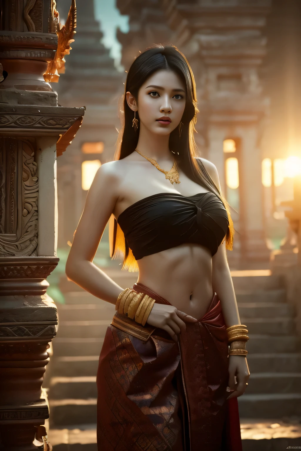 beautiful girl ,Thailand Female Warior, walking at thai temple, dynamic poses, chut thai dress, strapless shirt, long hair,black eyes,abdominal muscles, plumpy body, rounded breast, (big breast:1.3), cleavage, Morning sunshine, Eyes on the audience, (sexy poses), ((face details)), Double eyelids, reeds, realistic, masterpiece, highest quality, lens flare, shade, old temple, temple, [[chromatic aberration]], by Jeremy Lipking, by Antonio J. Manzanedo, digital painting, HDR, high contrast
