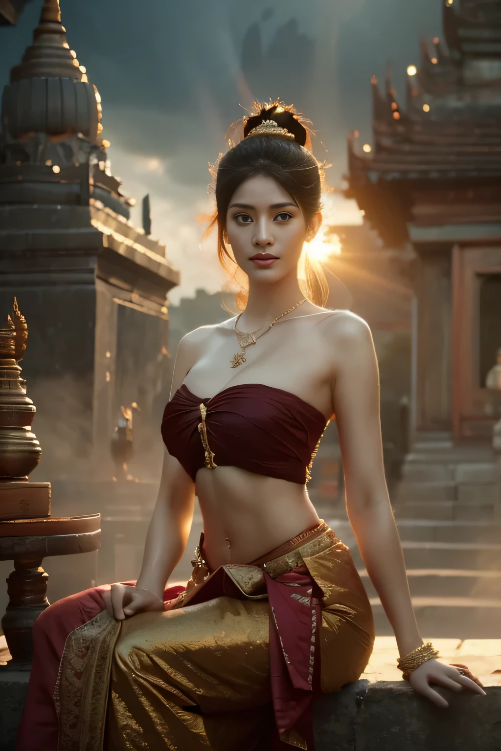 beautiful girl ,Thailand Female Warior, walking at thai temple, dynamic poses, chut thai dress, strapless shirt, long hair,black eyes,abdominal muscles, plumpy body, rounded breast, (big breast:1.3), cleavage, Morning sunshine, Eyes on the audience, (sexy poses), ((face details)), Double eyelids, reeds, realistic, masterpiece, highest quality, lens flare, shade, old temple, temple, [[chromatic aberration]], by Jeremy Lipking, by Antonio J. Manzanedo, digital painting, HDR, high contrast
