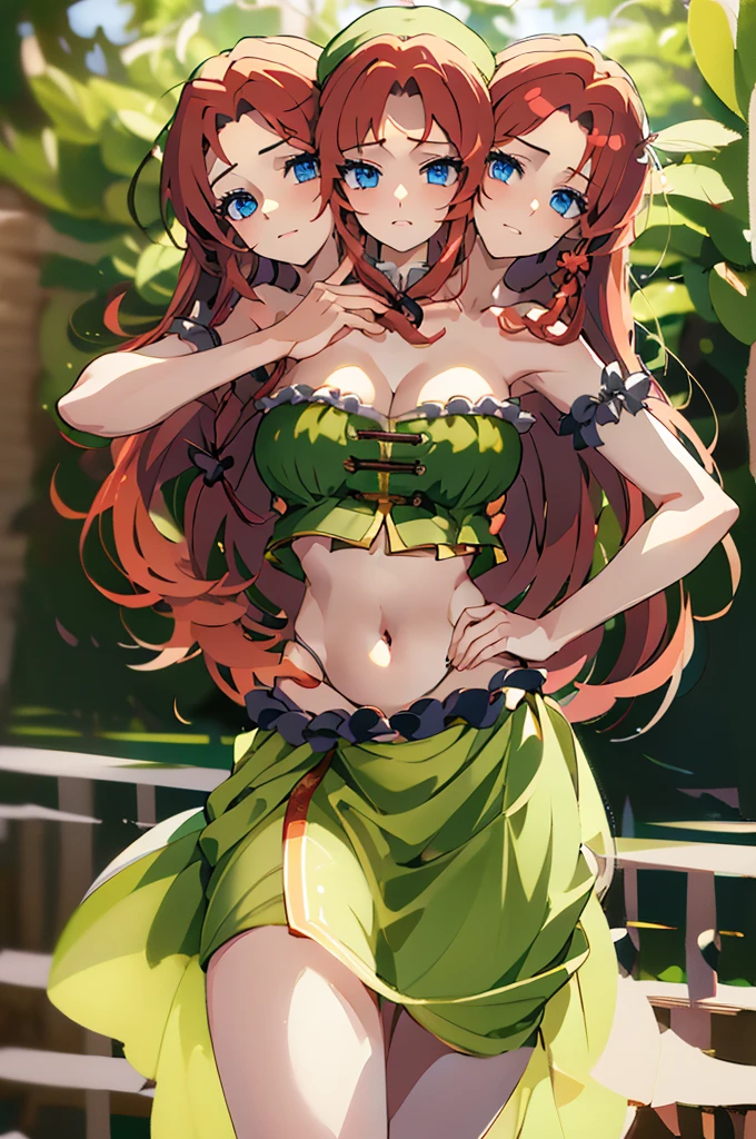 (masterpiece, best quality),best quality, (ultra-detailed), (3heads:1.5), 1girl, (ultra-detailed), (3heads:1.5), 1girl, (hong meiling:1.3), masterpiece, (best quality:1.5, highres, UHD), highres, absurdo, ultra detail, ultra quality, Ultra resolution, green top, crop top, ((stomach)), midriff, ((groin)), green skirt, miniskirt, normal ears, shackles, red hair, very long hair, wavy hair, sidelocks, blue eyes, parted lips, midriff, sweat, cute, toned belly, hand on own chest, eyelashes, (24 year old woman:1.3), (masterpiece:1.5), (best quality:1.5), (beautiful detailed), extremely detailed CG, extremely delicate and beautiful, depth of field, (finely detailed face), (perfect details:1.2), (mature female:1.3), wide pelvis, slender, large veiny breast, 16k resolution, high quality, high definition, extremely detailed, masterpiece, red hair, long hair, alluring presence, twin braid, short skirt, close up, big , young, striped, green beret, hair ornament, chinese clothes, star hat ornament, open belly, nsfw,