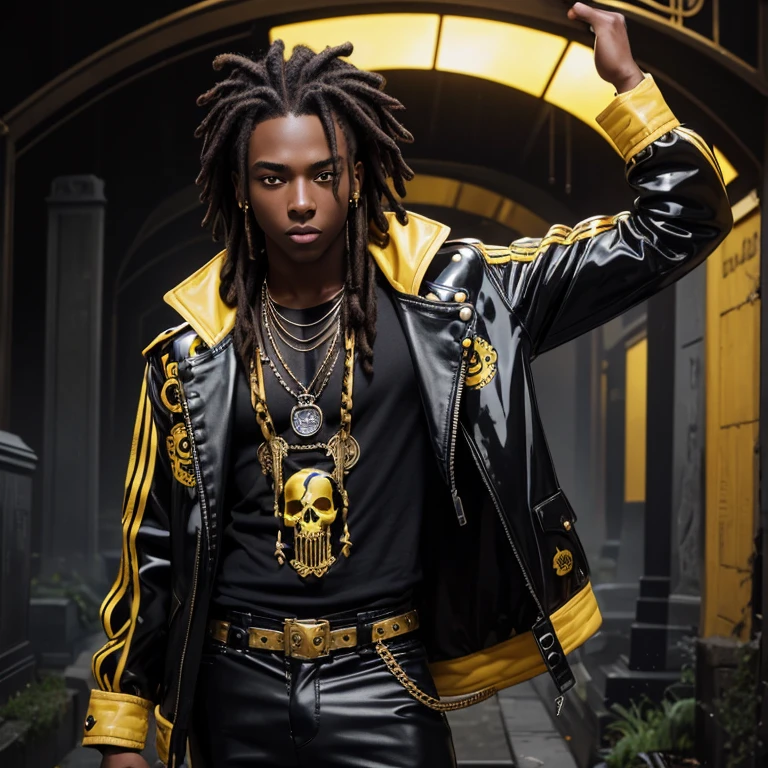 20-year-old boy with dark skin with blonde dreadlocks, black hair, yellow Steampunk jacket with black latex pants with a yellow skull print, gold-colored broken heart necklace, blue eyes, muscular complexion, looking straight at the viewer, background of a foggy cemetery.