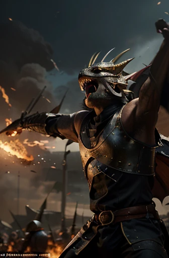 Create an image of a dragon with human-like features engaged in a medieval battle. The focus of the image should be on the character, capturing accuracy in detail. The image should convey a sense of power, ferocity, and determination.