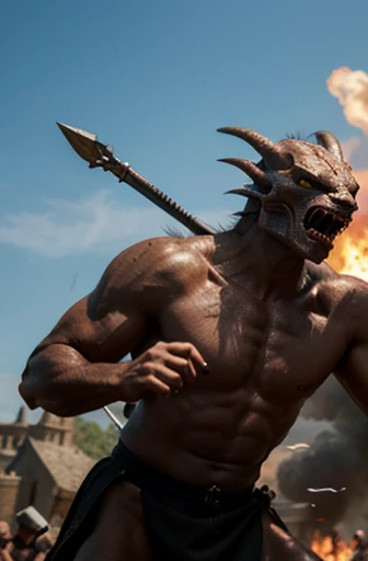 Create an image of a dragon with human-like features engaged in a medieval battle. The focus of the image should be on the character, capturing accuracy in detail. The image should convey a sense of power, ferocity, and determination.