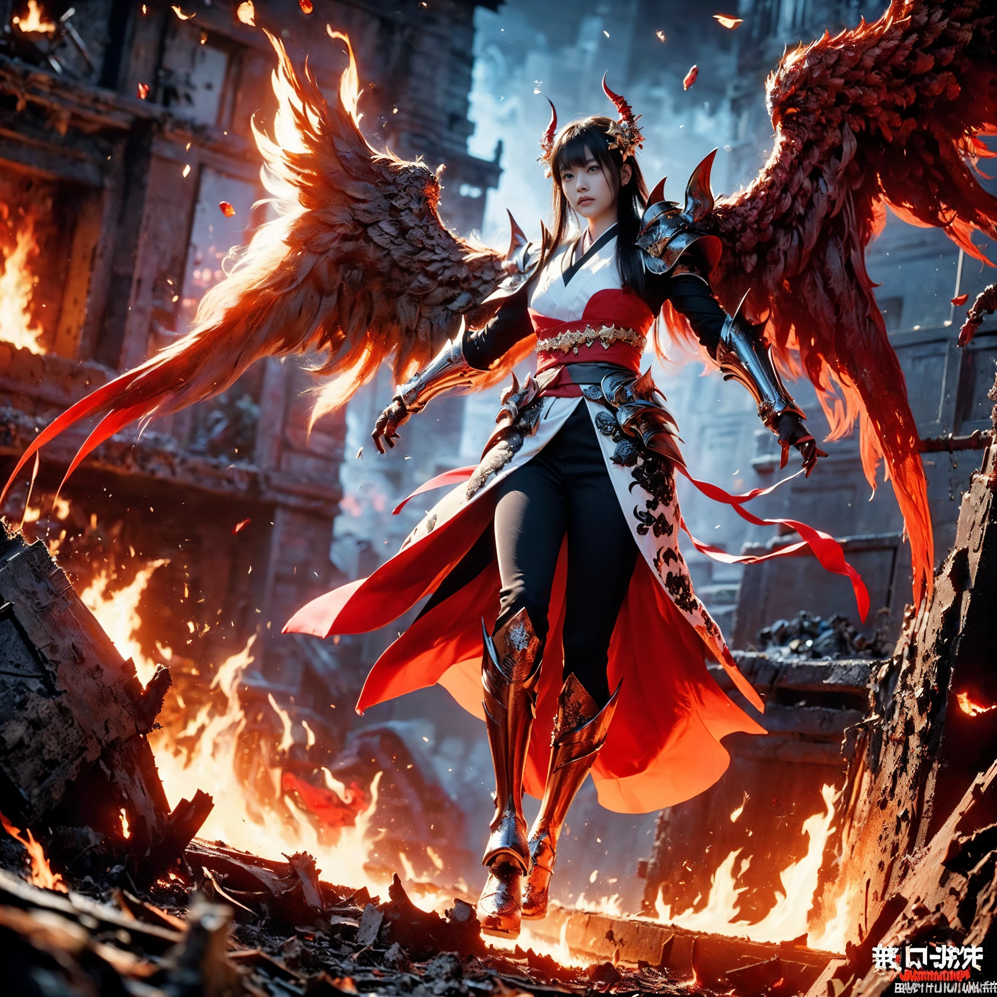 (((Realistic, masterpiece, best quality, crisp detail, high definition, high detail, very rich detail, sharp focus, sharp detail, colorful, rich color, perfect studio lightning))), ((20 years old, japanese goddess of hell, kasumi arimura)),(((in the middle of war, epic war scene))), wearing (((beautiful decorated golden heavy armor, phoenix armor, phoenix tails, decorated full body armor, fully armored beautiful kimono, wide colorful phoenix wings, blue aura))), (flying, floating, air attack stance, burning hands, holding fantasy weapon, blood scattered face, blood tears, blood bath, blood shed), (((fire everywhere, blood everywhere, death everywhere, japan bakumatsu period, dead bodies,carcass,burned japanese castle,hellish,chaos, hell fire, infernal molten lava land, erupting volcano)) burned traditional village background), shot from below