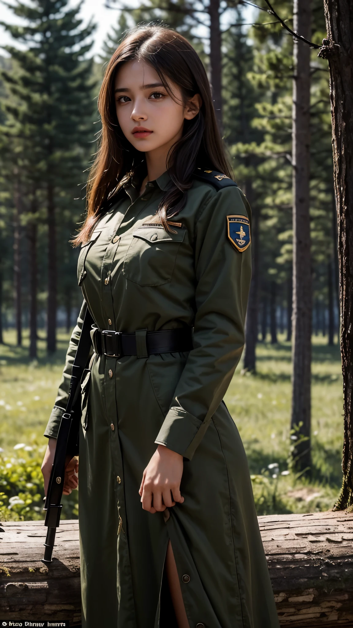 8k, highest quality, ultra detailed:1.37), Eliana, 18yo, a beautiful Israeli girl, proudly stands in a military uniform, representing her role as a soldier. She wears a fitted olive green dress. The high-resolution image captures ultra-detailed realism, highlighting Eliana's determined expression, piercing eyes, and confident stance. The backdrop showcases an forest, adding to the authenticity and significance of the image. This visually striking representation showcases Eliana's strength and dedication as a soldier.