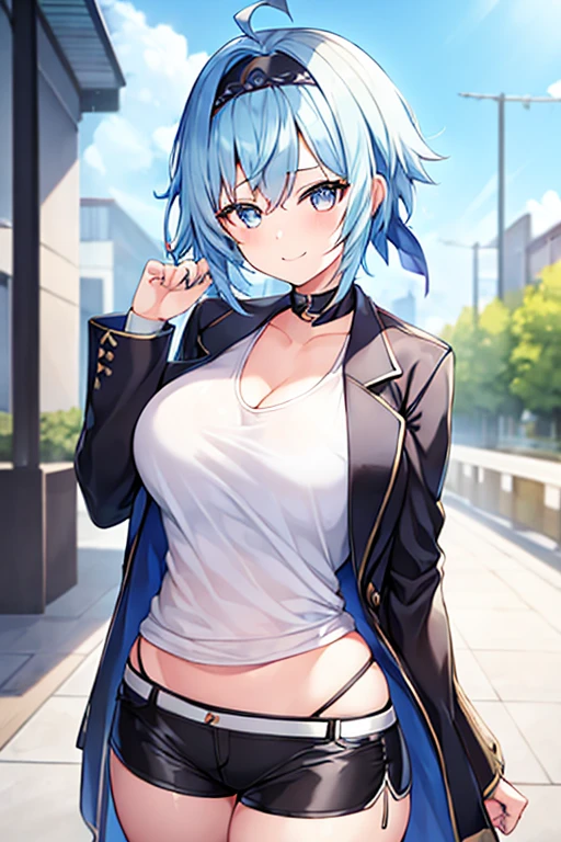 1girl, blue hair, very short hair, eula \(genshin impact\), black jacket, jacket, shirt, white shirt, black headband, headband, large breasts, breasts, thick thighs, mature female, hourglass figure, shorts, short pants, black shorts, urban, smile, normal clothes, simple clothes, happy, light smile, tall, tall female, city, long shirt