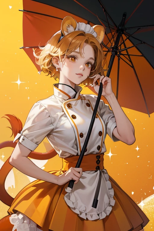 Bettina is a dark red-orange mouse with yellow cheeks and yellow inner ears, as well as yellow paws and a yellow and orange striped tail. She has short, dark blonde hair swept to the right of her head. She initially wears the chef uniform. When it rains she will carry the snowball umbrella. SPARKLE; GLITTER