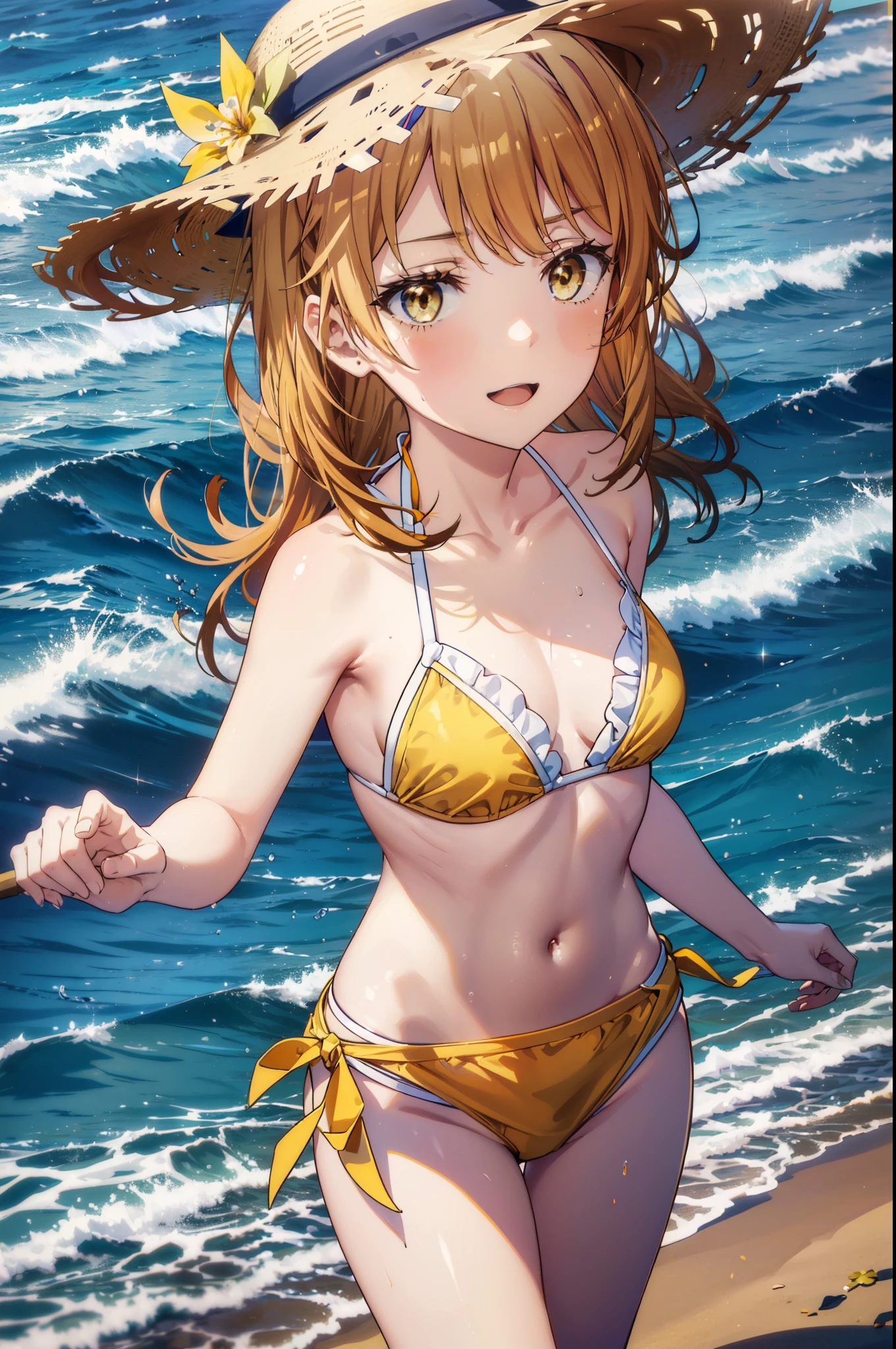 irohaisshiki, iroha isshiki, long hair, brown hair, (brown eyes:1.5), medium chest,happy smile, smile, open your mouth,smile,big straw hat,yellow bikini swimsuit,naked belly,A thin, long yellow blanket is wrapped around her waist., barefoot, beach outfit,real summer,Palm tree, 砂浜
break outdoors, beach,
break looking at viewer,
break (masterpiece:1.2), highest quality, High resolution, unity 8k wallpaper, (figure:0.8), (detailed and beautiful eyes:1.6), highly detailed face, perfect lighting, Very detailed CG, (perfect hands, perfect anatomy),