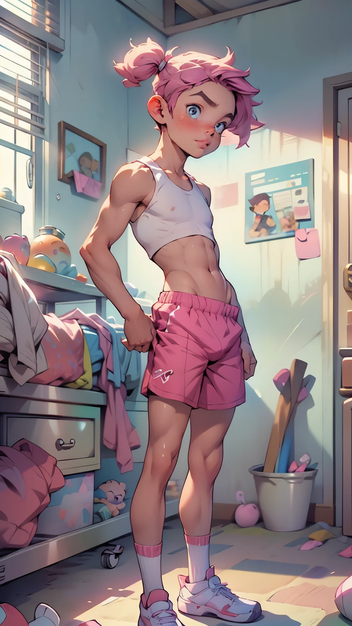 masterpiece, best quality, ultra detailed,(((boy, femboy, femboi, otoko no ko))), pink hair, short twintails,blue eyes, american ,flat breasts,Bulge, (male focus),blush,(pink lips),solo,  ,tan, dark skin, standing, sports underwear, white socks, bedroom, ,(nsfw:0.55), ((flat chested, flat stomach, baby face)), (intense colors)