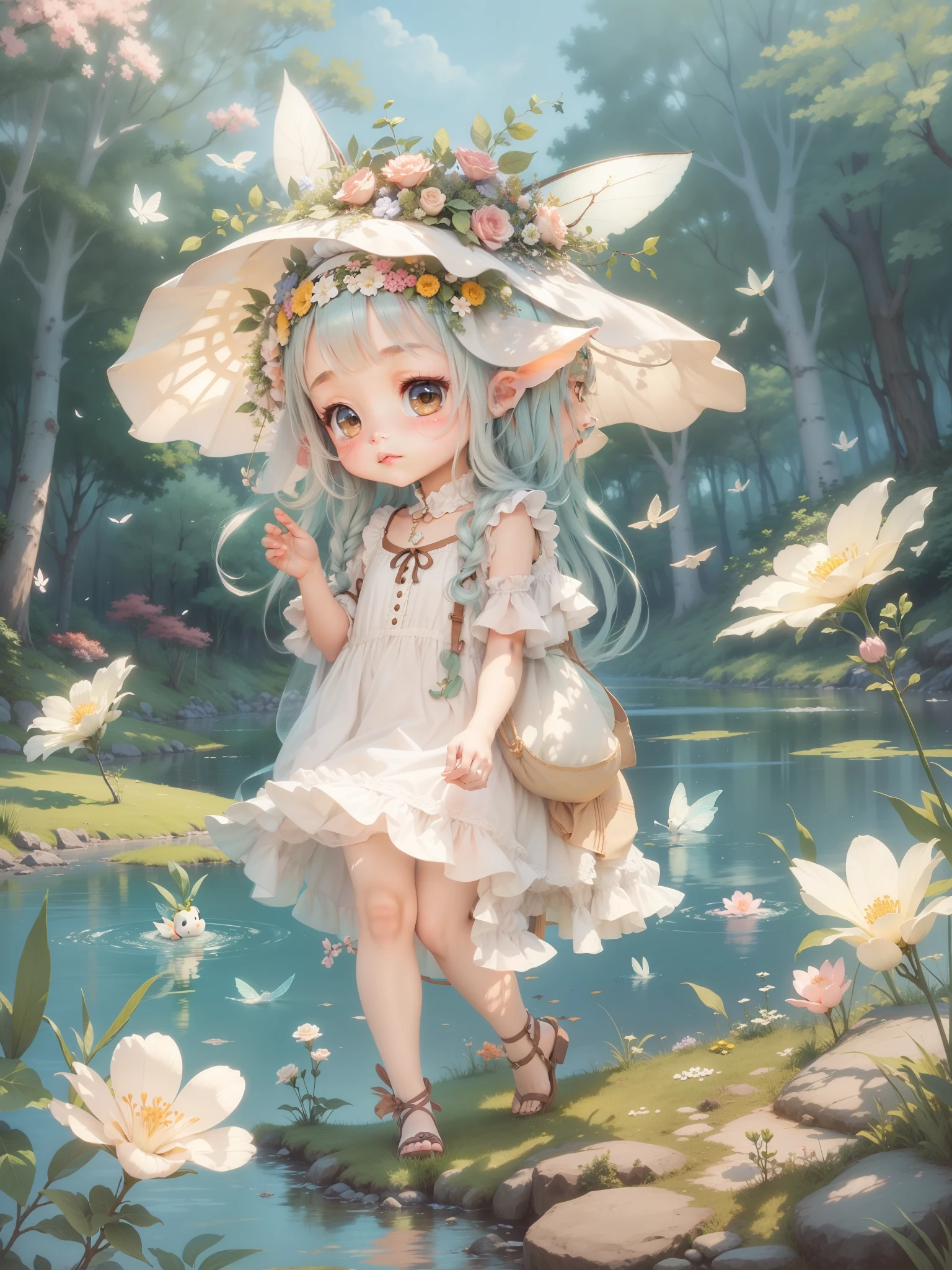 (sandbox:1.4),in a panoramic view,Solo, full body Esbian,tchibi,Cute girl, Wearing a blue dress,a panoramic view,Delicate headgear,ssmile,Rococo style,Glass material,crystal material,ighly detailed, cinematic lighting effect,8K,tmasterpiece,offcial art natta the woods