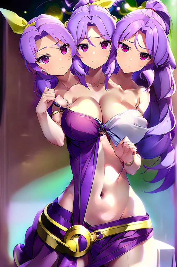 (masterpiece, best quality), best quality, (ultra-detailed), (3heads:1.5), 1girl, (watatsuki no yorihime:1.3), masterpiece, best quality, ultra quality, ultra resolution, ultra detail, dark red top, small crop top, ((stomach)), midriff, ((groin)), open midriff, dark red skirt, miniskirt, normal ears, shackles, light purple hair, tied into a ponytail, very long hair, wavy hair, sidelocks, purple eyes, parted lips, sweat, cute, open belly, toned belly, hand on own chest, eyelashes, (24 year old woman:1.3), (masterpiece:1.5), (best quality:1.5), (beautiful detailed), extremely detailed CG, extremely delicate and beautiful, depth of field, (finely detailed face), (perfect details:1.2), (mature female:1.3), wide pelvis, slender, large veiny breast, 16k resolution, highres, very high quality, very high definition, extremely detailed, masterpiece, light purple hair, long hair, alluring presence, braid, short skirt, close up, big tits, young, white bonnet, red bow, open belly, midriff, nsfw,