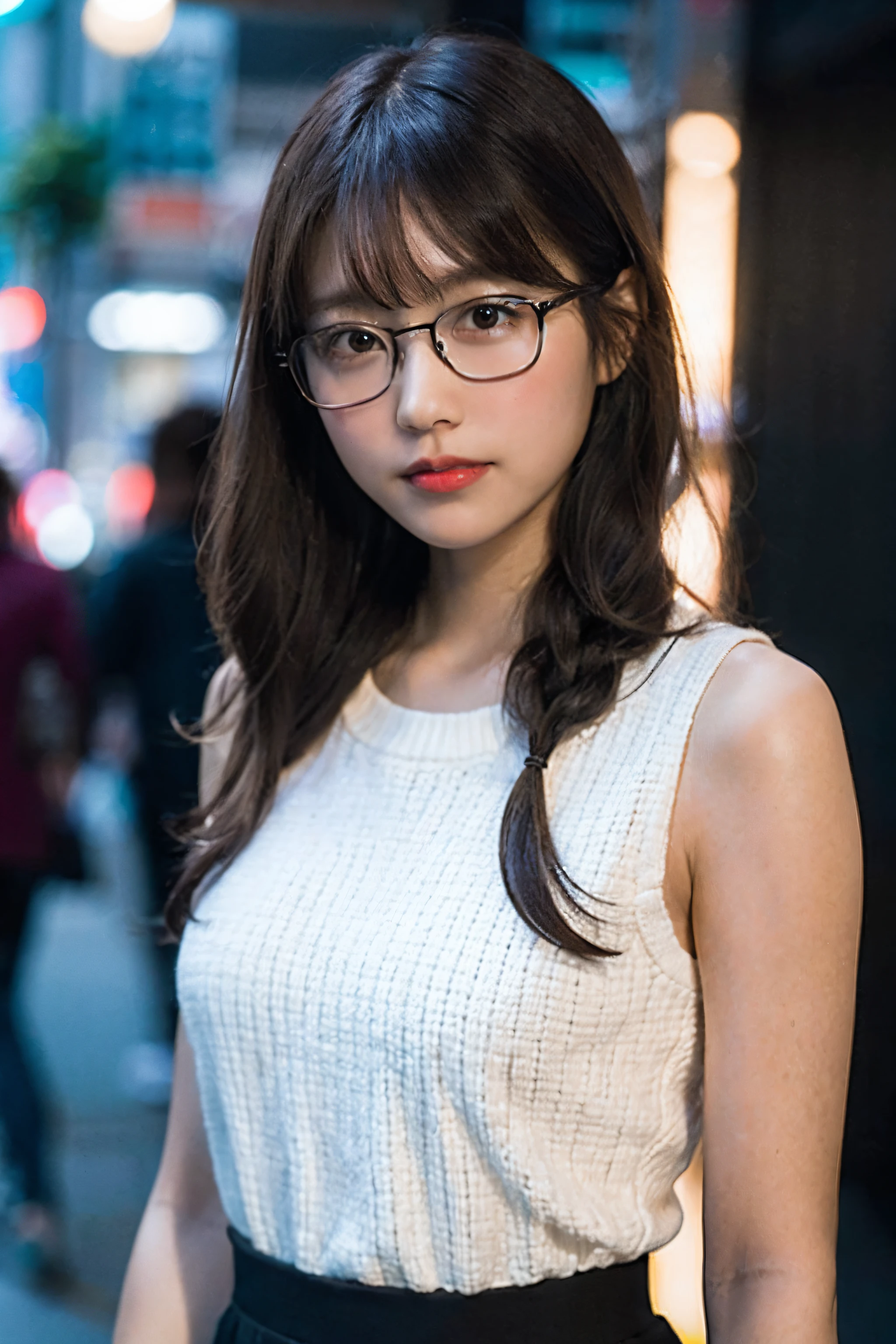 (8K、Raw photography、top-quality、​masterpiece:1.2)、(realisitic、Photorealsitic:1.37)、ultra-detailliert、超A high resolution、1 girl、see the beholder、beautifull detailed face、A smile、Constriction、(Slim waist) :1.3)、White summer clothes、Beautiful detailed skin、Skin Texture、Floating hair、Braided hair、Professional Lighting、Downtown at night、((Black square glasses )) 、Whole human body、Brown hair
