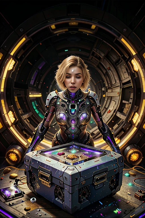 (best quality,4k,8k,highres,masterpiece:1.37), ultra-detailed, (realistic,photorealistic,photo-realistic:1.5), (aerial view), (top down perspective), (1insectoid woman), (the focal point is one woman pulling a video game cartridge out of a futuristic artifact chest full of retro video game cartridges:1.6), (the woman is looking down:1.5), (Futuristic artifact box), (The woman is looking inside the artifact box:1.6), (the artifact box is open), (The scene unfolds inside a mystical cavern:1.4), fractal_body, (The woman is wearing an insectoid exoskeleton made with glass details:1.5), (dynamic angle:1.4), (The woman hair is made of fractal technologic components:1.6), (the woman has short blonde hair:1.6), (fantasy and sci-fi mixed:1.5), holographic glitch effects floats around the woman, vibrant colors, (A purple glow emanates from inside the treasure chest), glowing lights, (abandoned machinery), (there are old video game cartridges and consoles on the background), mystical creatures, pixelated details, (there are crystal formations spreading on the background), (futuristic technology), (ancient artifacts), mystical energy, vibrant retro aesthetic, atmospheric lighting, hidden passages, ancient ruins, mysterious symbols, shimmering water, lush vegetation, interdimensional portals, ethereal music, nostalgic atmosphere, immersive storytelling, epic adventure, delightful surprises