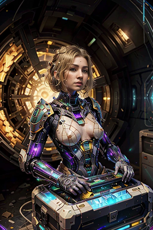(best quality,4k,8k,highres,masterpiece:1.37), ultra-detailed, (realistic,photorealistic,photo-realistic:1.5), (aerial view), (top down perspective), (1insectoid woman), (the focal point is one woman pulling a video game cartridge out of a futuristic artifact chest full of retro video game cartridges:1.6), (the woman is looking down:1.5), (Futuristic artifact box), (The woman is looking inside the artifact box:1.6), (the artifact box is open), (The scene unfolds inside a mystical cavern:1.4), fractal_body, (The woman is wearing an insectoid exoskeleton made with glass details:1.5), (dynamic angle:1.4), (The woman hair is made of fractal technologic components:1.6), (the woman has short blonde hair:1.6), (fantasy and sci-fi mixed:1.5), holographic glitch effects floats around the woman, vibrant colors, (A purple glow emanates from inside the treasure chest), glowing lights, (abandoned machinery), (there are old video game cartridges and consoles on the background), mystical creatures, pixelated details, (there are crystal formations spreading on the background), (futuristic technology), (ancient artifacts), mystical energy, vibrant retro aesthetic, atmospheric lighting, hidden passages, ancient ruins, mysterious symbols, shimmering water, lush vegetation, interdimensional portals, ethereal music, nostalgic atmosphere, immersive storytelling, epic adventure, delightful surprises