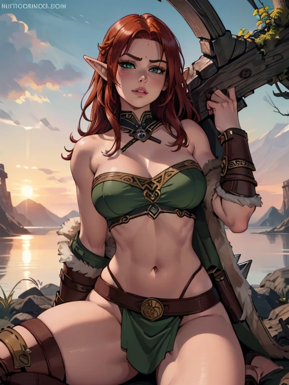 ((ultra quality)), ((tmasterpiece)), 1girl, barbarian elf, ((Red,  redhair)), (Beautiful cute face), (beautiful female lips), Charming, ((serious expression)), looks at the camera with a gentle smile, eyes are slightly closed, (skin color white), Body glare, ((detailed beautiful female eyes)), ((dark green eyes)), (juicy female lips), (beautiful female hands),  ((perfect female hands)), ((perfect female figure)), perfect female body, Beautiful waist, gorgeous big thighs, Beautiful little breasts, ((Subtle and beautiful)), seductively sits, (closeup face), ((Barbarian outfit, Barbarian armor, Viking Weapons)), background: city park, Beautiful sunset, ((Depth of field)), ((high quality clear image)), (crisp details), ((higly detailed)), Realistic, Professional Photo Session, ((Clear Focus)), the anime