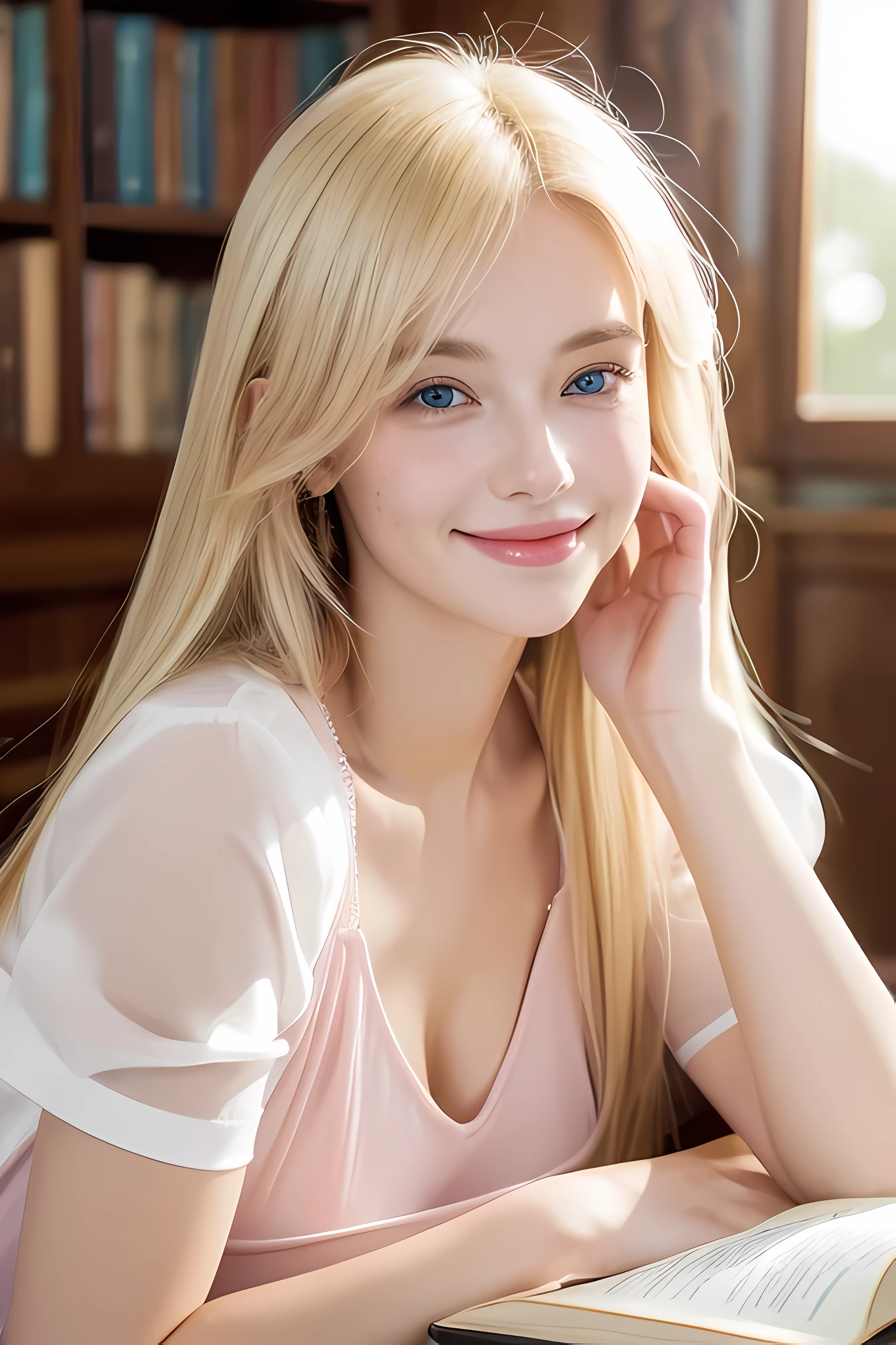 Blonde woman with long hair wearing a light pink dress and smiling, soft pale golden skin, portrait of Elle Fanning, pale skin, smooth and impeccable, soft and pale skin, soft pale white skin, Elle Fanning, pale skin suave natural, Elle Fanning), pale skin marfil, Elle Fanning as an android, pale skin y brillante, Hermosa pale skin, pale skin y clara!!, soft golden skin, curly hair, wavy hair, BIG BREASTS