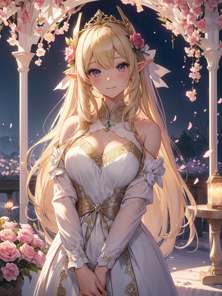 highest quality、Highest image quality、masterpiece、beautiful profile、、Titania、Super beautiful elf beauty((22 years old OL big bust、bust 90,beautiful long ironed hair、blonde、Height: 165cm。slender、sexy、Esbian、beautiful tiara、night、High quality、美しいart、Beautiful bed、canopy、Canopy、muste piece、ビジュアルart、Depth of the bounds written、、elf ears、、Lightのmagic、universe、A happy smile、穏やかなLight、Elven Forest、cherry blossoms、、elegant、ticker beautiful decorative、marble columns、fresco、Mosaic mural、mystical rosa、Rose、flower瓶magicのflower、flowerを作るmagic、Light、 the sky、beautiful dressy、beautiful dress、table、myth、ART、Lord of the Ring、sexy、friendly smile、Fantastic、cherry blossoms、舞い散るflowerびら、cherry blossomsのflower、universeのmagic、magicのLight、fantasy、flower、super REALITYたくさんのRose、magic、Interior decoration、Many tapestries、Grow fantasy、、mysteryのLight、byzantine、renaissance、Art nouveau、alphonse Mucha、、art、art,mystery,UHD,magicalgentle light,sexy、