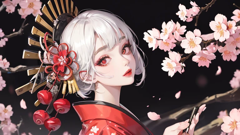 A geisha girl standing elegantly under the cherry blossoms, look back and smile: 1.37. Red cherry blossom petals are next々And it fell., Her whole body,
White foundation on the girl's face has no highlights or shadow decorations. Cover your face and neck with white foundation makeup. red lip makeup、It is a small makeup that has a smaller mouth area than normal lips.. Highlight the outline of your eyes with a thick eyeliner pen, strengthens the eyes, Makes the pupils appear darker and deeper. Straight eyebrows are eye-catching and at the same time not stiff., cleanse the entire face. Typical Japanese geisha makeup, She wears a luxurious kimono with black and gold cherry blossom embroidery.。, This is a long-sleeved kimono, Wearing clogs, background: Deep streets and alleys under the moonlight, black and white, surrealism, Realistic depiction of light and shadow, real and exaggerated photos, super high quality, Super detailed, movie shots, shallow depth of field,images for youtube