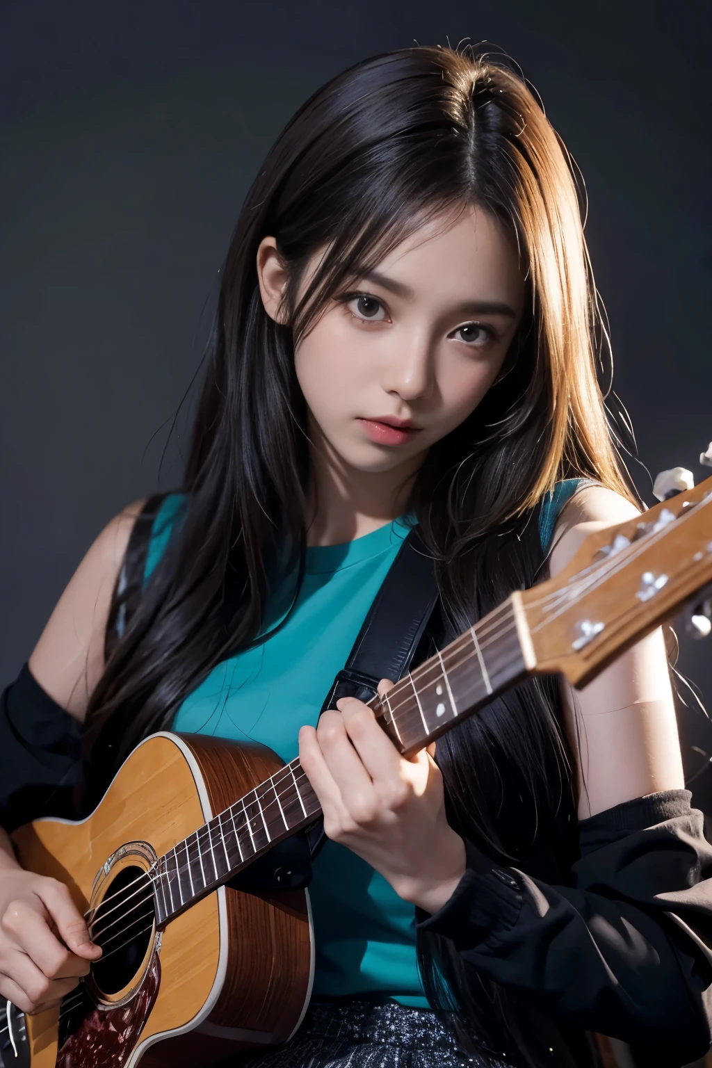 Mulher sentada e tocando Guitar、Morena de cabelos desgrenhados、precision 6 string Guitar:1.2、Dedos anatomicamente corretos、Guitar、1 guitarra apenas、Por favor, olhe para frente e cante、(Mantenha seu rosto para frente:1.2)、Muitos gatos ao redor