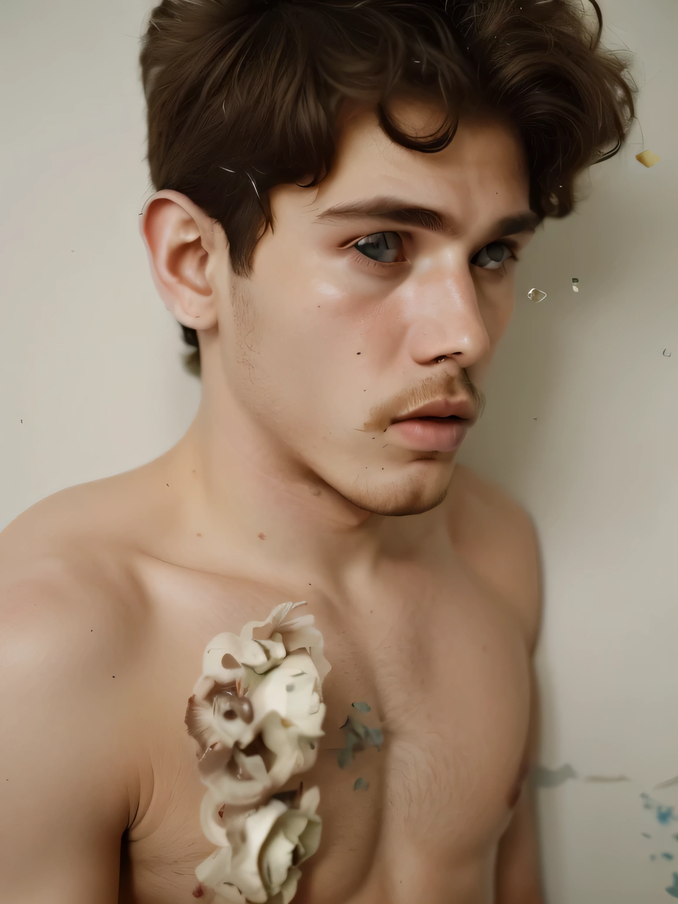 a photo shoot for a music album. Homem jovem de 19 anos com flores pelo rosto. Cabelos pretos e curtos, branco, fleshy lips. Homem