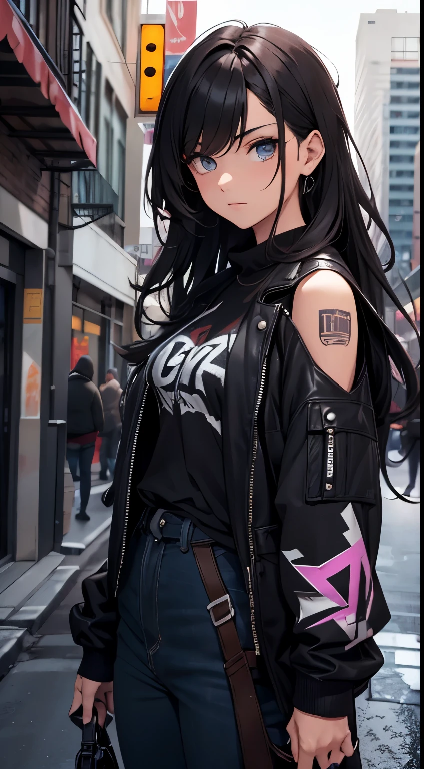 best quality,ultra-detailed,dark-haired,wavy shoulder-length hair,intriguing figure in urban streets,edgy and practical style,dangerous and armed,unconventional fashion,cityscape,street art,graffiti,vibrant colors,contrast,night scene,mysterious lighting,action-packed atmosphere,cool pose,confident expression,urban lifestyle,modern weapons,swagger,gritty,urban decay,graffiti-covered walls,impressive strength,powerful presence.