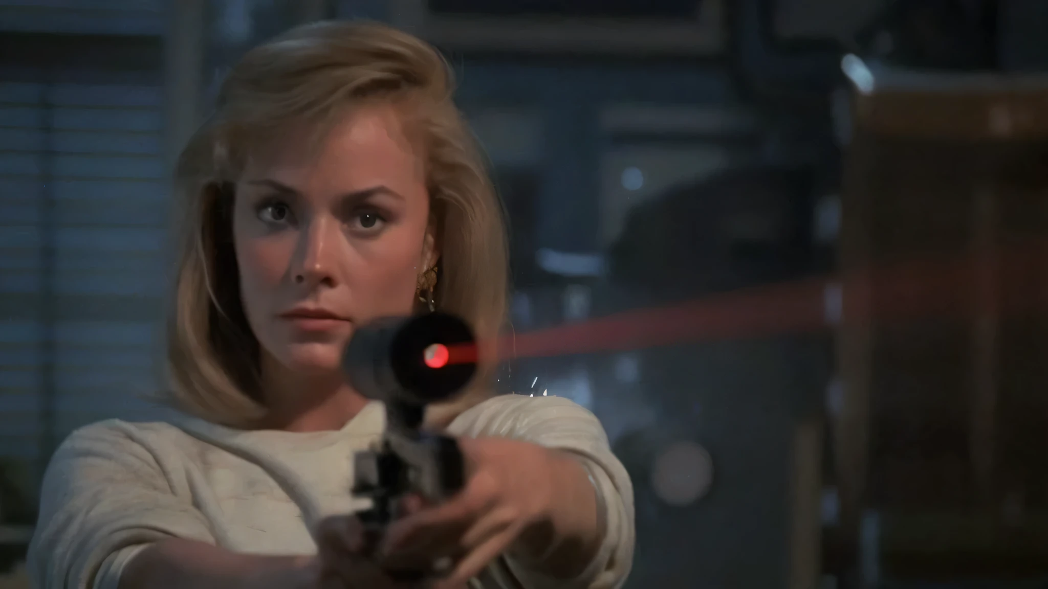 a woman holding a gun in a room with a red light, holding a laser gun, carrying a laser gun, in the movie hard target (1993), firing laser rifle, firing laser, screenshot from the 1983 film, shooting laser, in the movie lifeforce (1985), still from the movie terminator, laser gun