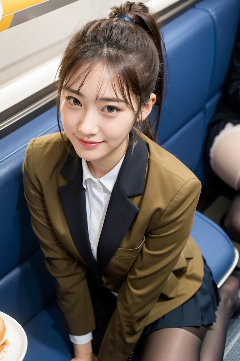 (8K), (highest quality: 1.2), (realistic), (realistic: 1.37), ultra high resolution, 1 girl, cute, smile, closed mouth, beautiful details, beautiful nose, wet hair, giant dulcefo, pork, thighs,Self snap,University Student Uniform,simple blazer,pleated skirt,(opaque knee high tights),Sitting on a Tokyo train,cross your legs, From above,thighs,ponytail,