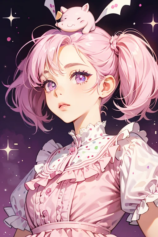 Bitty is a pink hippo with white hooves. She wears purple eye shadow and three small eyelashes. She has a brown patch of hair and the insides of her ears are red. She initially wears a pink frilly dress (a funky dot shirt in all games prior to NH). SPARKLE; GLITTER