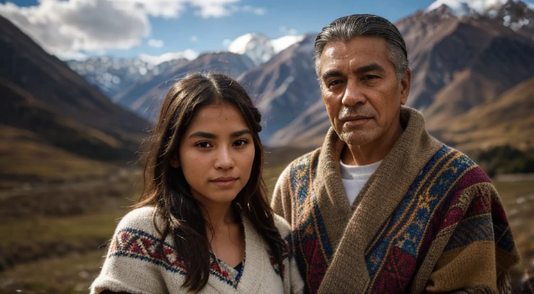 (a young girl, accompanied by an elderly indigenous man from the Peruvian Andes), alpaca poncho, Andean chullo, beautiful detailed eyes, beautiful detailed lips, traditional clothing, joyful expression, rugged mountain landscape, vibrant colors, soft natural lighting, oil painting style, ultra-detailed brushwork, high contrast, vivid colors, realistic, sharp focus, professional, masterpiece:1.2, 4k resolution, bokeh.