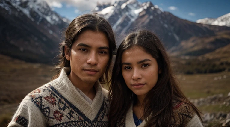 (a young girl, accompanied by an elderly indigenous man from the Peruvian Andes), alpaca poncho, Andean chullo, beautiful detailed eyes, beautiful detailed lips, traditional clothing, joyful expression, rugged mountain landscape, vibrant colors, soft natural lighting, oil painting style, ultra-detailed brushwork, high contrast, vivid colors, realistic, sharp focus, professional, masterpiece:1.2, 4k resolution, bokeh.