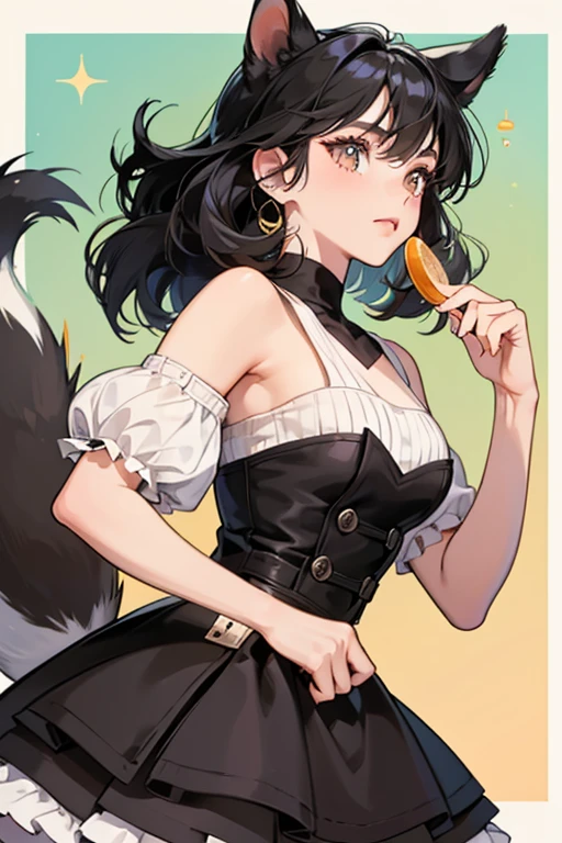Blaire is a black and white squirrel. Her skunk-like appearance might in fact be a play on words of her assigned "snooty" personality, as the term "skunk" can also be used to refer to a contemptible person. She looks similar to Tasha, another snooty squirrel; however, due to her "cute" appearance, she could be mistaken for a normal or peppy villager. Blaire's ears are orange inside. She has a caramel-brown nose and a cream muzzle. Her eyes are large, each with two eyelashes at the top. Her initial clothing is the peachy tee, which was changed in New Horizons to the layered tank dress. SPARKLE; GLITTER