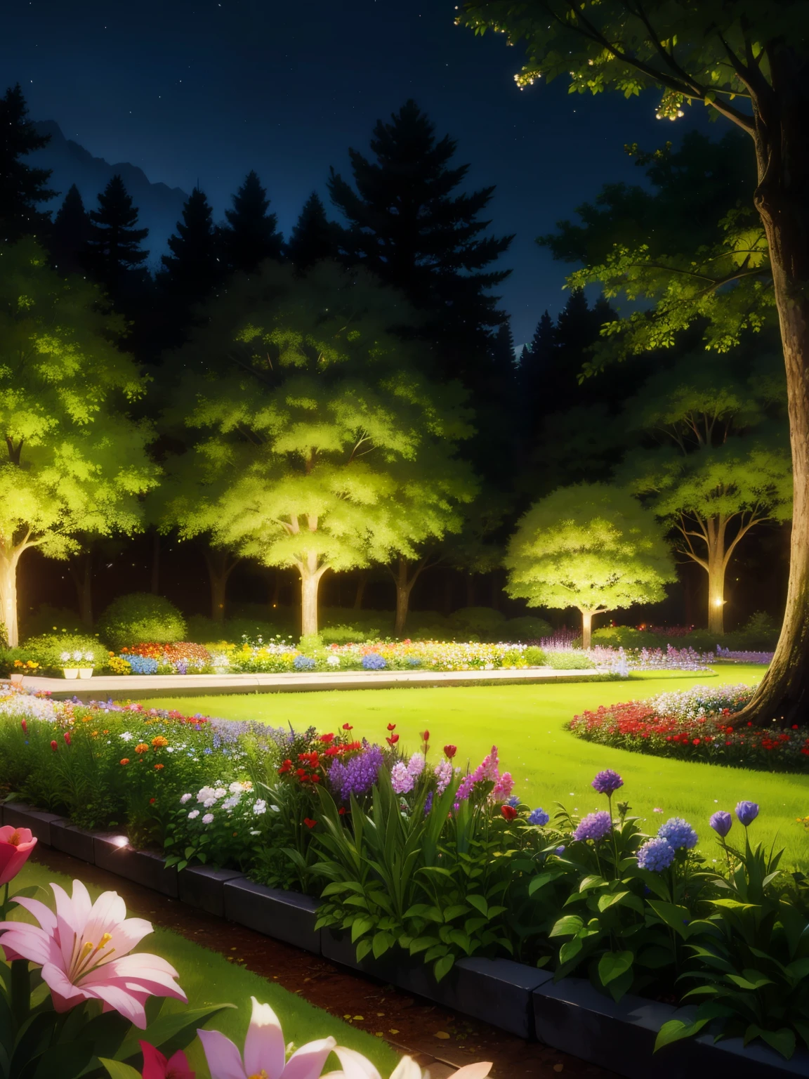 night,garden,pínk flowers,forest