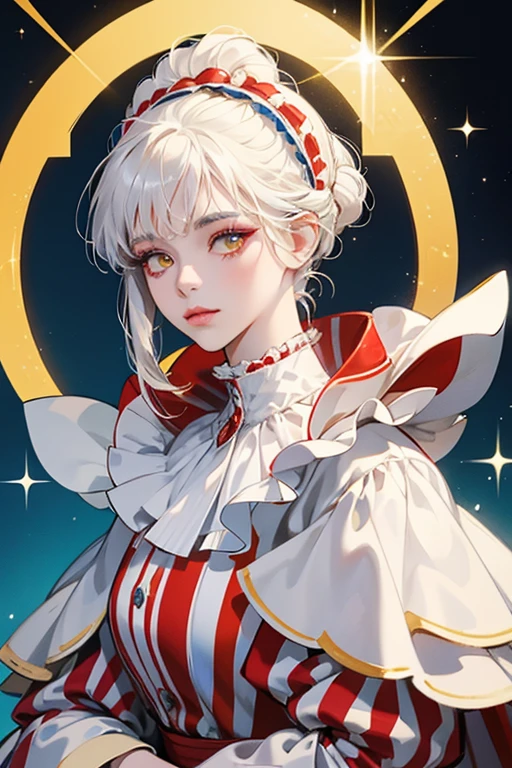 Blanca is a white cat with no face. she wears a striped yellow and red harlequin outfit with a blue ruffled collar. Instead of the player drawing her face, she uses makeup to transform herself into one of the player's villagers.  SPARKLE; GLITTER