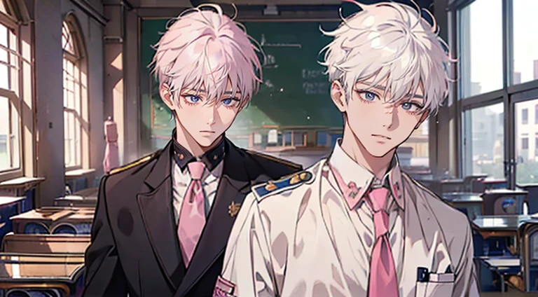 (muste piece), (best quality), very detailed, (((Two friendly high school boys:1.5))), perfect face, beautiful face, very detailed face,(white haired man:1.3),(pink haired man:1.3),School,classroom,student uniform,white uniform, tie,shirt