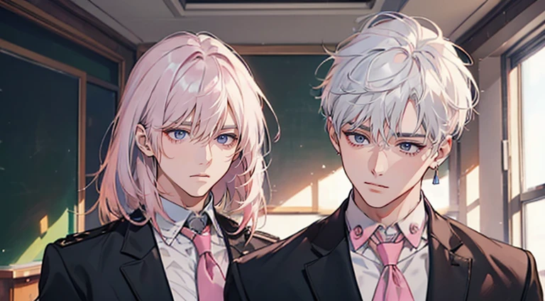 (muste piece), (best quality), very detailed, (((Two friendly high school boys:1.5))), perfect face, beautiful face, very detailed face,(white haired man:1.3),(pink haired man:1.3),School,classroom,student uniform,white uniform, tie,shirt