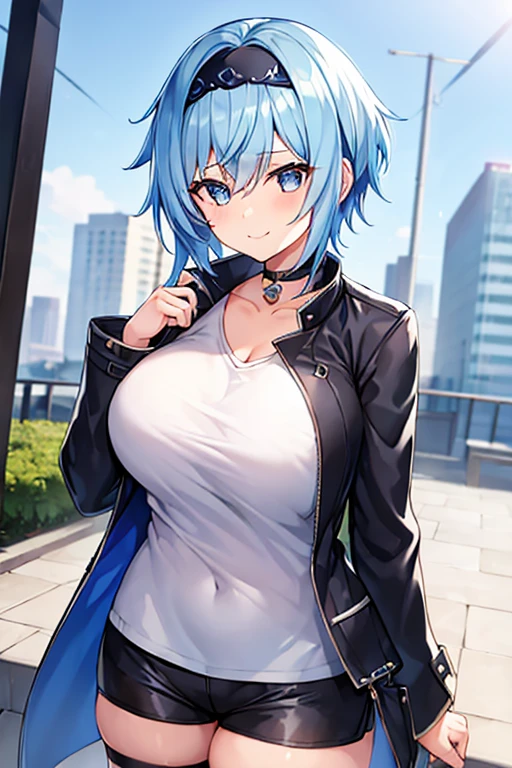 1girl, blue hair, very short hair, eula \(genshin impact\), black jacket, jacket, shirt, white shirt, black headband, headband, large breasts, breasts, thick thighs, hourglass figure, mature female, shorts, short pants, black shorts, urban, smile, normal clothes, simple clothes, happy, light smile, tall, tall female, city, cropped jacket, long shirt, ((cropped jacket)), cropped jacket