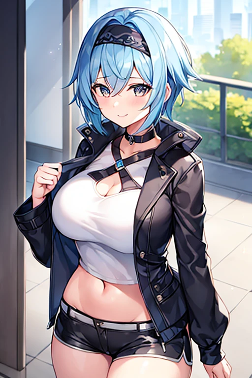 1girl, blue hair, very short hair, eula \(genshin impact\), black jacket, jacket, shirt, white shirt, black headband, headband, large breasts, breasts, thick thighs, hourglass figure, mature female, shorts, short pants, black shorts, urban, smile, normal clothes, simple clothes, happy, light smile, tall, tall female, city, cropped jacket, long shirt, ((cropped jacket)), cropped jacket
