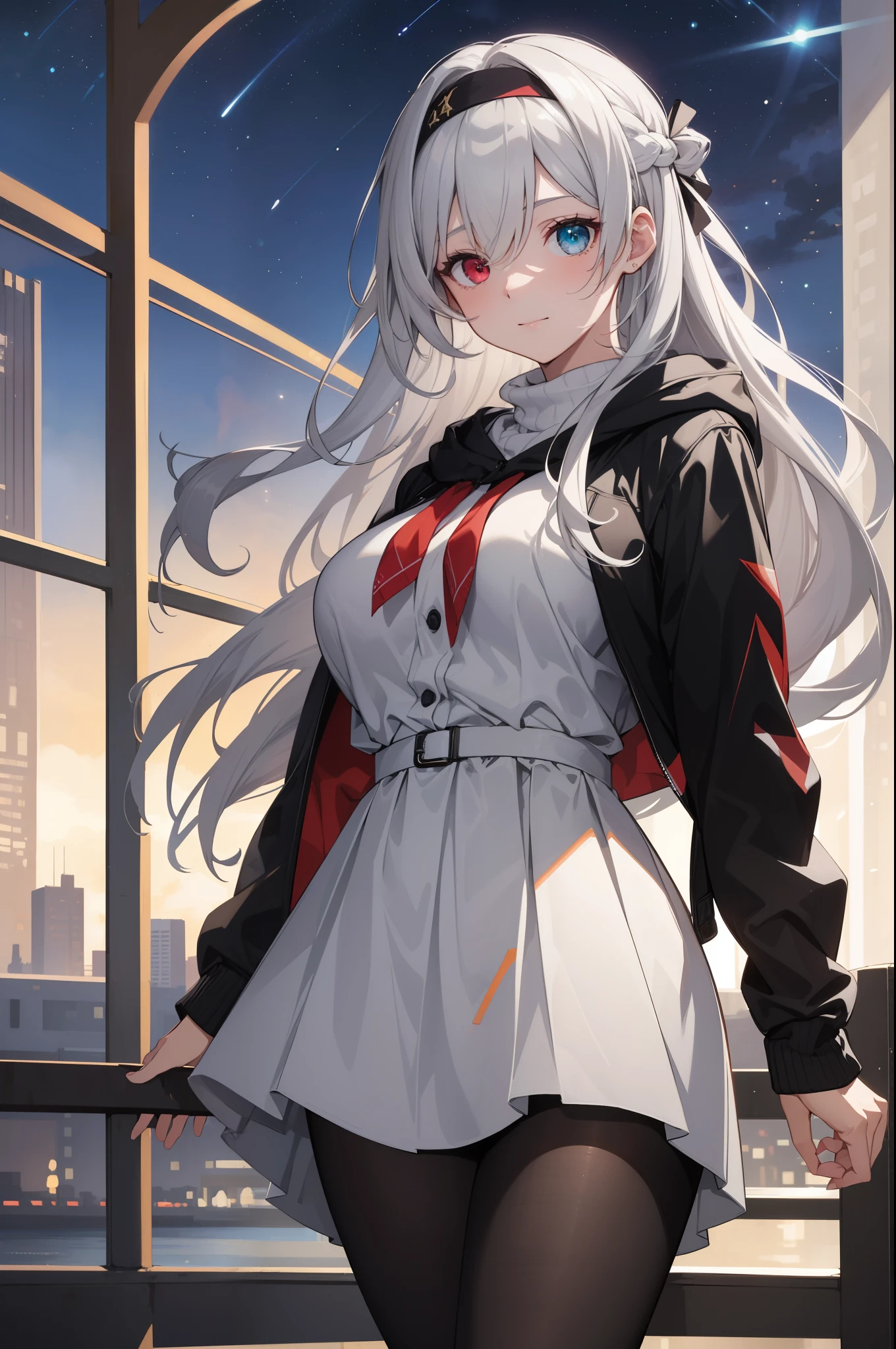 (best quality:1.3), (masterpiece:1.3), (illustration:1.3), (ultra-detailed:1.3), (mid shot:0.9), 1girl, heterochromia eyes, (((red right eye and gray left eye))), (((red right eye))), (((gray left eye))), (((heterochromia))), black headband, white hair, bangs, open sweater hoodie, solo, (((large breasts))), tall, mature, night sky, starry sky, long hair, light smile, skirt, pantyhose, mature, 20 years old,