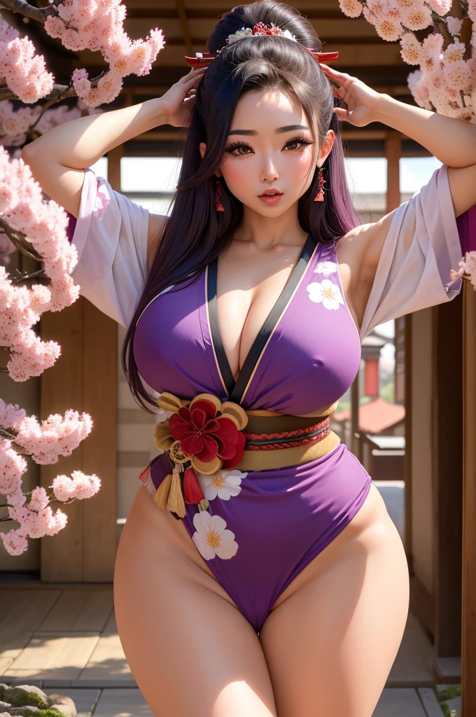 Obra maestra, Mejor calidad, 1 chica, japonesa, ojos violeta, rostros hermoso, senos gigantescos mostrando sus areolas oscuras, cabello recogido y peinado llamativo tipo geisha, totalmente desnuda dejando ver todo su cuerpo perfecto, mostrando su vagina, cuerpo entero, caderas anchas y cintura delgada, landscape sakura trees, edificios de era edo