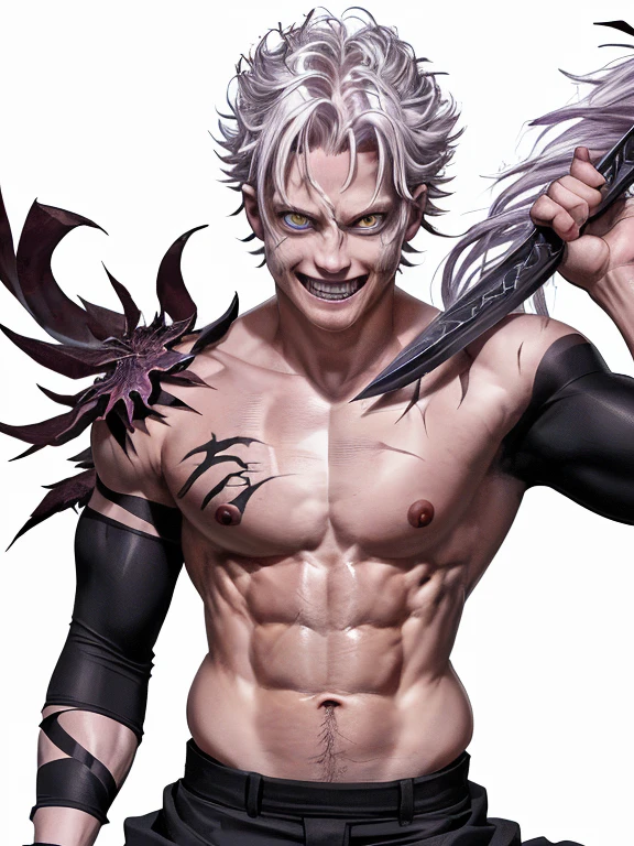 Demon Slayer Swordsman, (sanemi shinazugawa), un hombre musculoso de aspecto imponente, pale skin, albino, white hair spiky and wild and disheveled looking with one strand of hair in the center and another on one side of the face, cicatrices horizontales en la cara, ojos grandes de color morado claro, manic expression, sonriendo con los ojos muy abiertos, lleva puesto el uniforme de asesino de demonios sin abotonar, showing his muscular torso and the numerous scars he has on his body, abdominales marcados, lleva puesta una chaqueta haori blanco, (demon slayer), (kimetsu no Yaiba), cicatrices grandes en la cara, mirada asesina aterradora, aspecto desafiante, actitud violenta, manic wide smile showing teeth