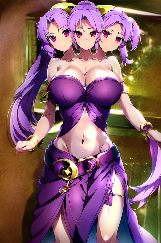 (masterpiece, best quality), best quality, (ultra-detailed), (3heads:1.5), 1girl, (watatsuki no yorihime:1.3), masterpiece, best quality, ultra quality, ultra resolution, ultra detail, dark red top, small crop top, ((stomach)), midriff, ((groin)), open midriff, dark red skirt, miniskirt, normal ears, shackles, light purple hair, tied into a ponytail, very long hair, wavy hair, sidelocks, purple eyes, parted lips, sweat, cute, open belly, toned belly, hand on own chest, eyelashes, (24 year old woman:1.3), (masterpiece:1.5), (best quality:1.5), (beautiful detailed), extremely detailed CG, extremely delicate and beautiful, depth of field, (finely detailed face), (perfect details:1.2), (mature female:1.3), wide pelvis, slender, large veiny breast, 16k resolution, highres, very high quality, very high definition, extremely detailed, masterpiece, light purple hair, long hair, alluring presence, braid, short skirt, close up, big tits, young, white bonnet, red bow, open belly, midriff, nsfw,
