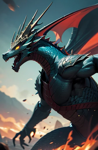 Create an image of a dragon with human-like features engaged in a medieval battle. The focus of the image should be on the character, capturing accuracy in detail. The image should convey a sense of power, ferocity, and determination.