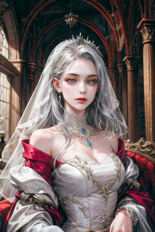 (absurd, high resolution, super detailed), 1girl, solo, mature, long silver hair, baroque, wedding dress, long sleeves, elegant, colorful, most detailed, half body