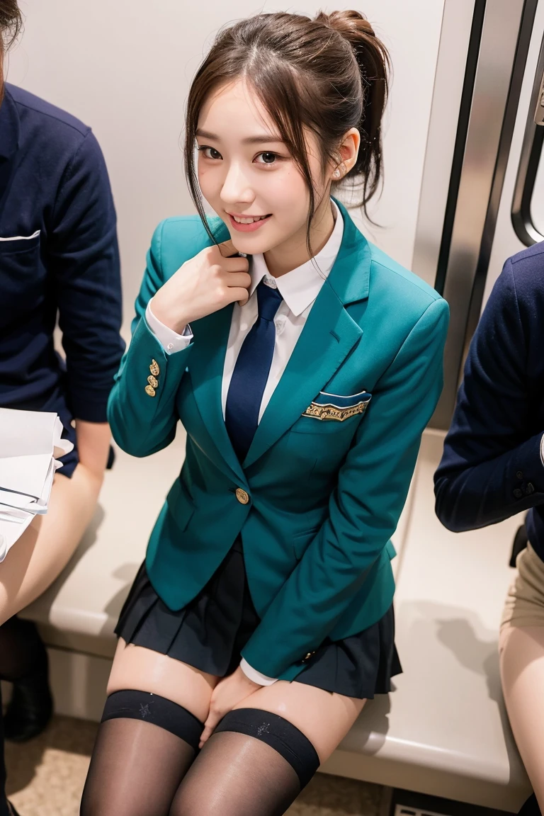 (8K), (highest quality: 1.2), (realistic), (realistic: 1.37), ultra high resolution, 1 girl, cute, smile, closed mouth, beautiful details, beautiful nose, wet hair, giant dulcefo, pork, thighs，Self snap,University Student Uniform,simple blazer,pleated skirt,(opaque knee high tights),Sitting on a Tokyo train,cross your legs, From above,thighs,ponytail