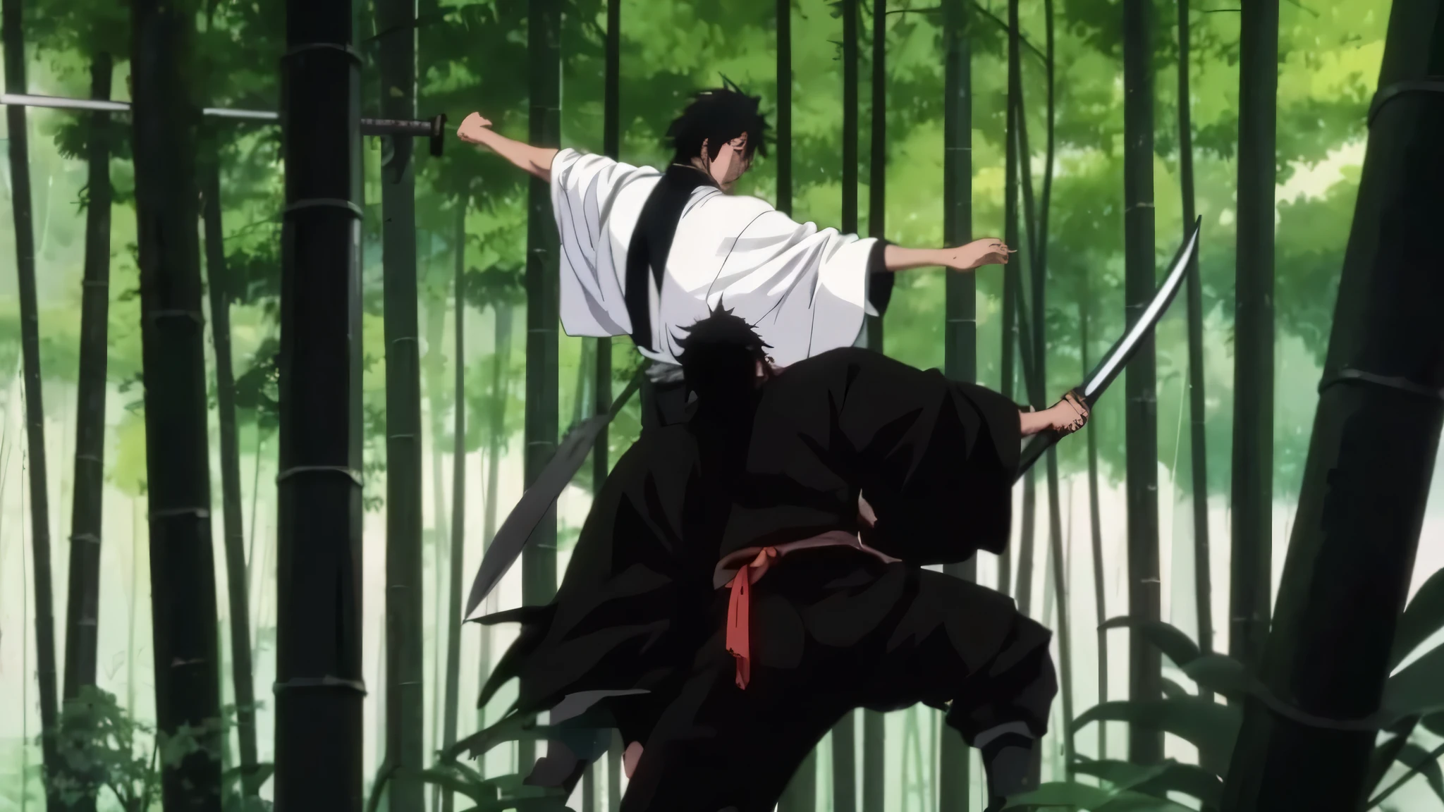 anime scene of a man in a white robe holding a sword, ninja scroll anime style, anime ninja scroll, samurai champloo, miyamoto musashi, carrying swords on his back, dramatic wielding katana pose, anime masterpiece, wielding a katana, samurai jack, rurouni kenshin, anime fight, facing off in a duel