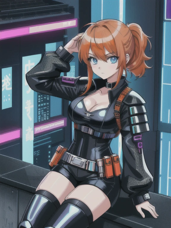 1girl ((32year old, dressed in a tight futuristic sci-fi bodysuit, cleavage, utility belt, armor, boots, medium breasts, short orange hair, pony tail styled hair, perfect model body:1.3, detailed blue eyes:1.5)) attack action, action with impact, full body, perspective composition, exaggerated composition, perfect composition, perfect eyes, large perspective, dynamic composition, dreamy cyberpunk girl, anime cyberpunk art, digital cyberpunk - anime art, cyberpunk anime girl, digital cyberpunk anime art, cyberpunk, cyberpunk anime art, cyberpunk vibe, cyberpunk art style, background is city, neon, night