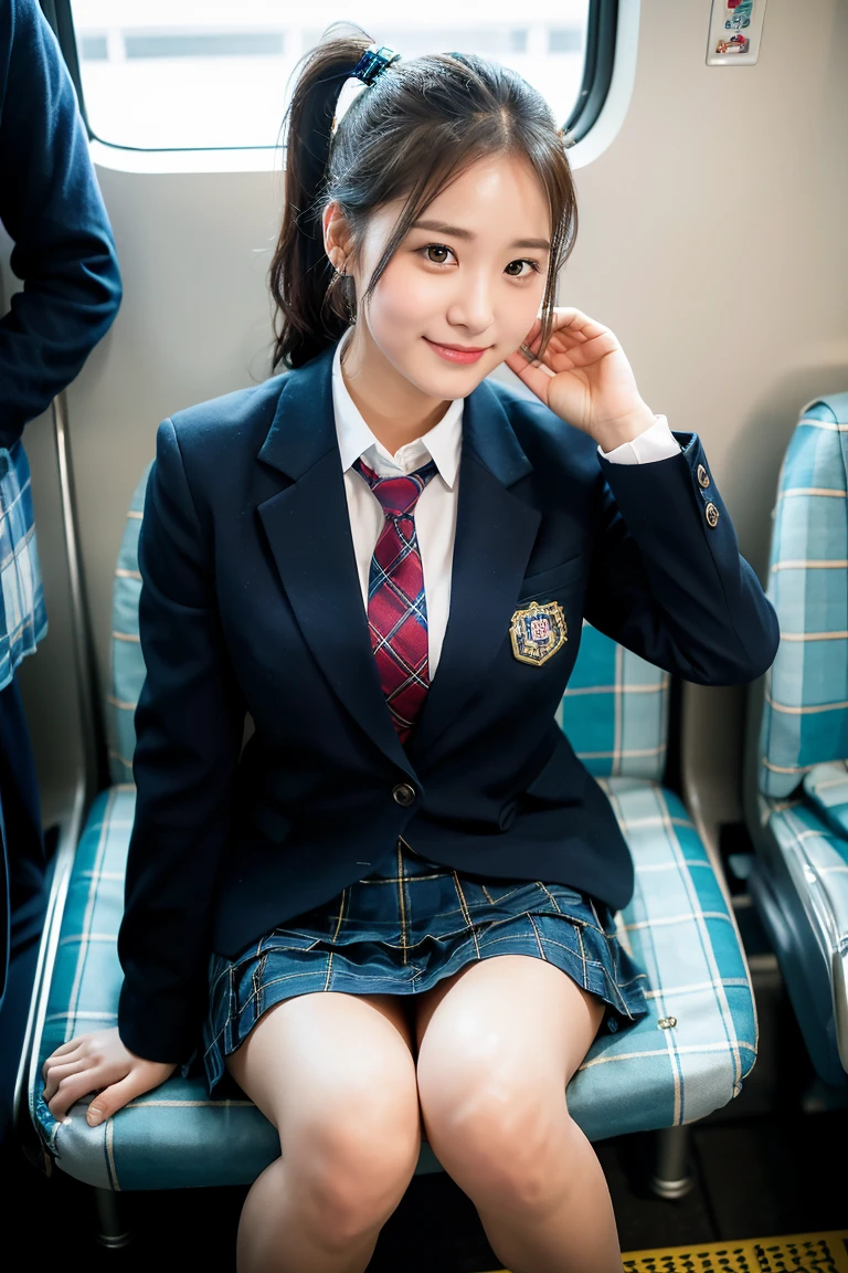 (8K), (highest quality: 1.2), (realistic), (realistic: 1.37), ultra high resolution, 1 girl, cute, smile, closed mouth, beautiful details, beautiful nose, wet hair, giant dulcefo, pork, thighs,Self snap,University Student Uniform,simple blazer,pleated skirt,(The pattern of the skirt and tie is a dark blue tartan check pattern..:1.3),(The plaid pattern on the skirt is a little small..:1.2),Sitting on a Tokyo train,cross your legs, From above,thighs,ponytail,